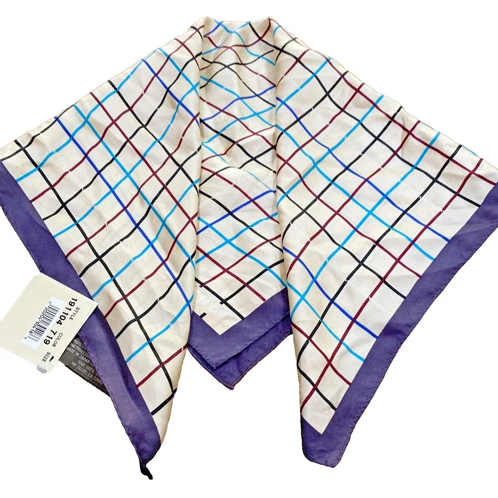 NWT Echo Silk Scarf Neckerchief Sq 22” Blue Beige Multicolor Plaid Check Classic